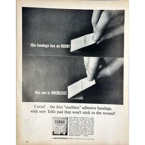 CURAD Bandages "the first 'ouchless' Adhesive bandage" Vintage Print Ad 1963